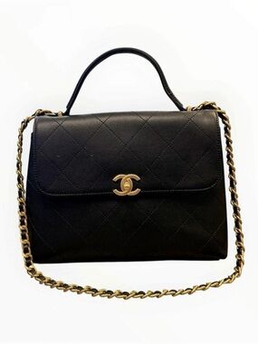 CLASSIC Chanel Vintage Kelly Top Handle Flap Bag Quilted Shoulder Bag in Black